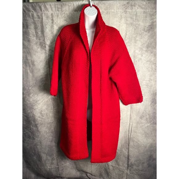 Hand-Crocheted Heavy Knit Red Cardigan Coat Open Front, Handmade, One-of-a-Kind - Picture 1 of 7